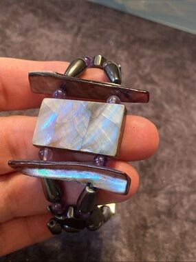 Handmade Iridescent Mother-of-Pearl and Hematite Magnetic Bracelet in Purple